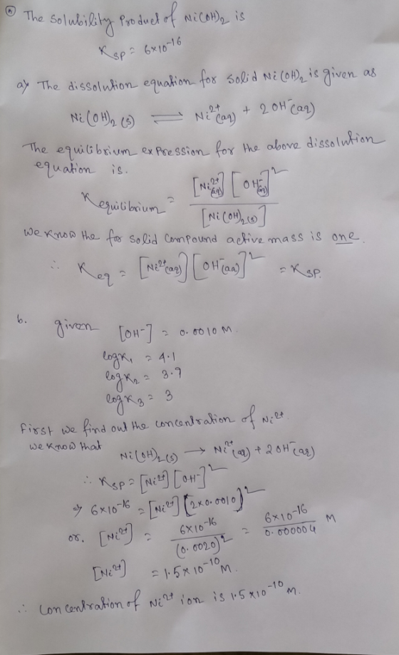 ② The solubility product of Nicola is Kap= 6*10-16 ay The dissolution equation for solid Në (OH), is given as Ni (OH) (3) - N