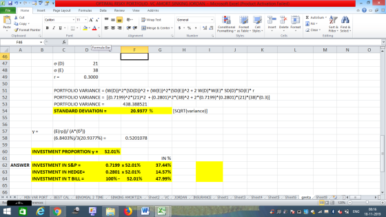 OPTIMAL RISKY PORTFOLIO VC AMORT SINKING JORDAN - Microsoft Excel (Product Activation Failed) File Home Insert Page Layout Fo