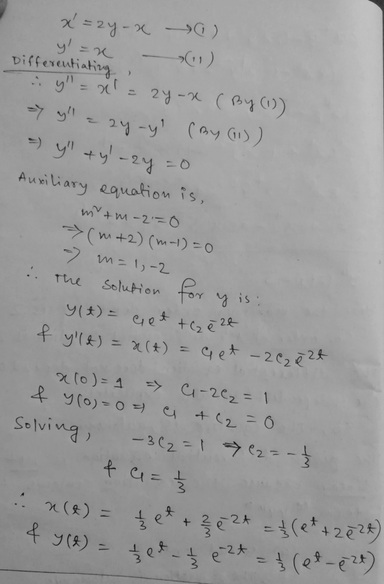 24-y x = zy - x -->G) y=x (11) Differentiating . = x = 2y-x (By (12) = yll (By (11) =) y tyl-2y =0 Auxiliary equation