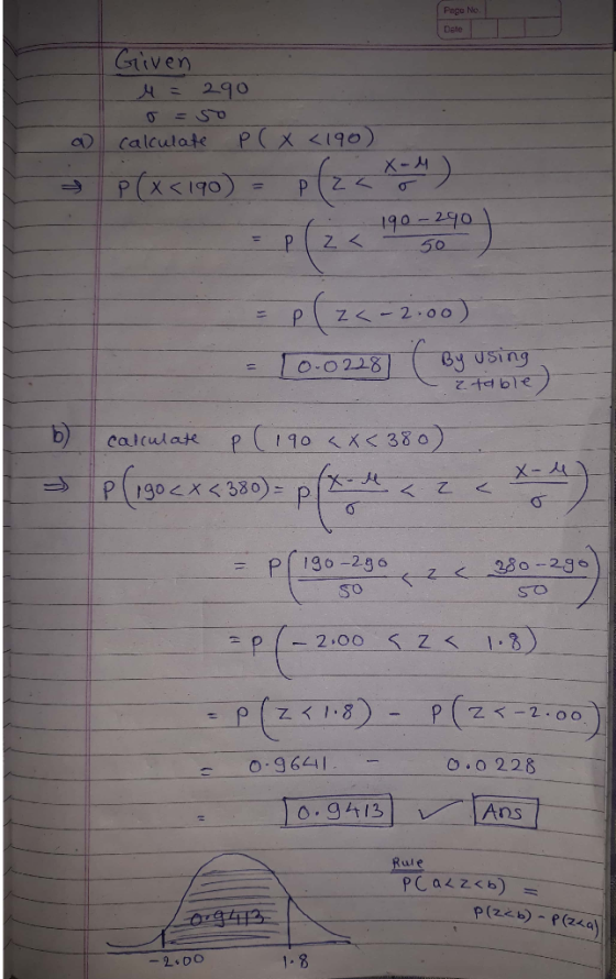 Page No Gttve) 290 a), calculate p(X<190) 50 So P2.oo Z <-2.00 O:96441 O. 0 228 0.9412 Ans ul - 2 DO 1. 8