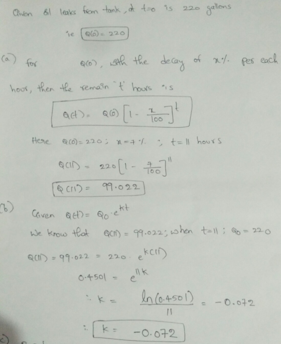 Cliven bil too is 220 gallons leaks from tank at ie (666) = 220) (a) for 866), with the decay of al. per each hour, then the