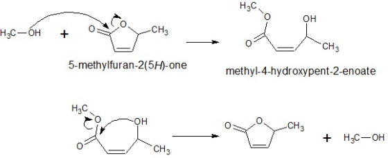 HU он mg-bott be con H3C-OH + WCH3 - CH3 5-methylfuran-2(5H)-one methyl-4-hydroxypent-2-enoate H2C OOH - 7° y CH VCH3 + + HCO