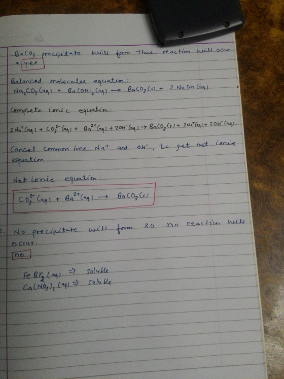 precipitate will form thin reaction will occur. BaCO3 yer Balanced molecular equation : Ng, CO, (agl + Ba(OH), Cagl Baco, (s)