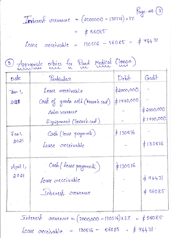Interest w Page. No ③ revenue - (2000000 - 130516) *34. = $ 56085 Lease Oreceivable = 130516 – 56085 = $ 444 31 . Particular