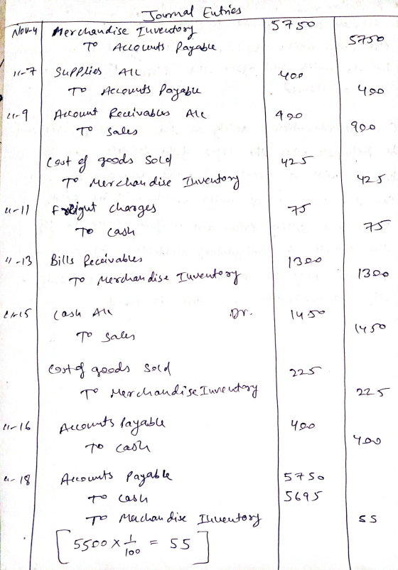 5750 5750 11-7 AIL 40P To 400 Journal Entries Now-4 Merchandise Inventory To Accounts payable supplies To Accounts payable er