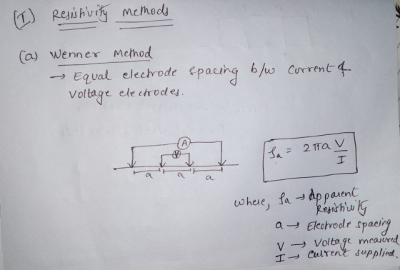 Ca) wenner Mehod → Equal electrode (paung b/w CUrrenC4- voltage ele ctro e ou au V → Voltage mcaured → cwrent supplied