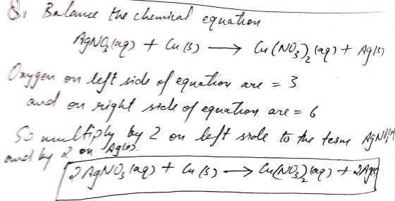& Balance the chemical equation Aguç, 109) + Cu(3) → Cu(NO3)2(aq) + 29189 O my gem on left side of equation are = 3 . and on