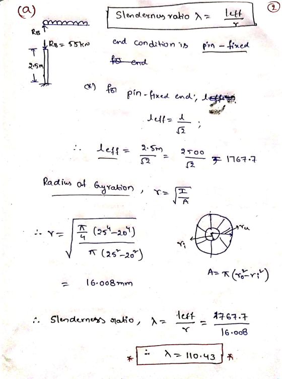 @) Slender.ney ratio 1 = porno left RB end condition is pin - fixed 1 RB=55kn T 2.5ml t for end (*) for pin-fixed end, deffen