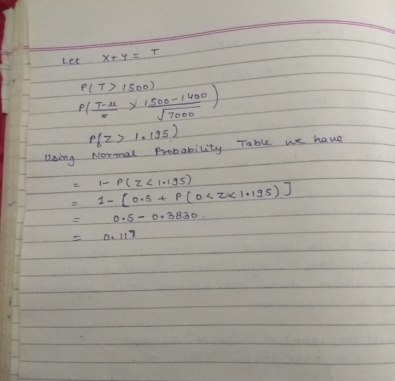 Let X+ y = I PT> 1500) 4 4 x 1500-1400 s 7000 P(Z > 1.195) Normal Probability Table we have using - = = = I- P(Z < 10195) 1-