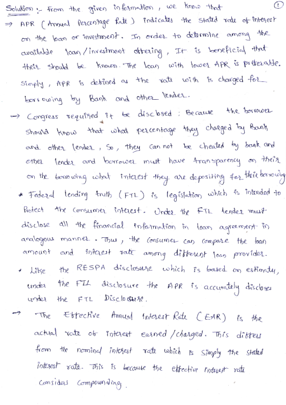 we Knoo ttat Solution From the given in formation, APR (Auad Percentage fate indicates e Statd Yad c întesert on the loan or