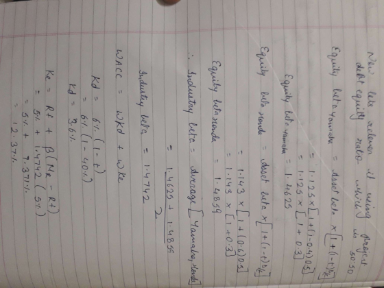 50:50 Now lets relever it using projer debt equity rate which is so Equity beta Yousake = esset bele x 1 + (1-1) - 1.125xLI+(