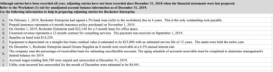 Although entries have been recorded all year, adjusting entries have not been recorded since December 31, 2018 when the finan
