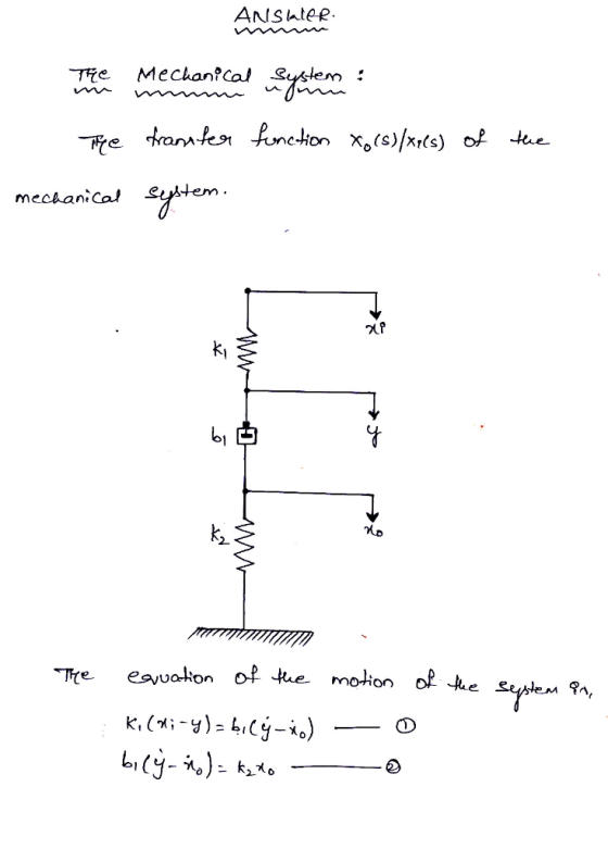 ANSlater The Mechanical s ustem : The framfer function Xo (s)/xe(s) of the mechanical system. ki The of the system an, equati