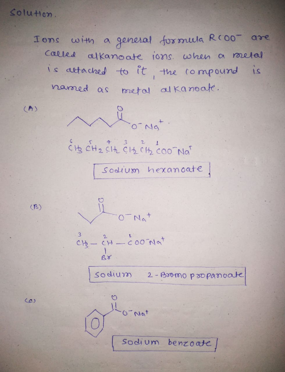 solution. ons with a general formula Rcoo- are called alkanoate ions. when a metal is altached to it, the compound is named a
