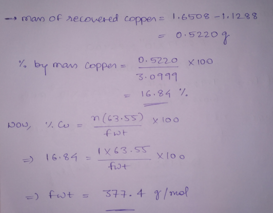 mans of recovered coppen 1.6508-111288 = 0.5220g % by mans coppen = 0.5220 X 100 3.0999 = 16.84 % Now, yon (63.55) x 100 fat