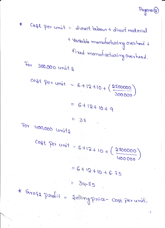 Pageno @ - Cost per unit = direct labourt direct material + Variable manufacturing over head + fixed manufacturing over head.