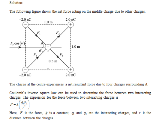 Solution: The following figure shows the net force acting on the middle charge due to other charges, -2.0 nC 2.0 nC ------- +