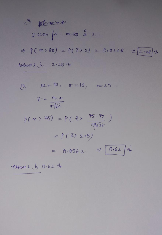 z score for m-80 u 2. - P(m ₂ 80) = P(Zx 2) = 0.0228 ~12.28 % Answer & 6 2.28% 10 lue to t=10 n=25. Z = mall pcm x 75) = P(Zx