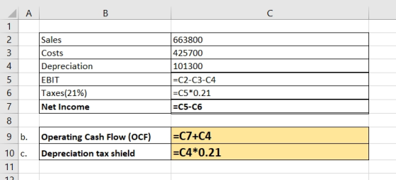 Sales Costs Depreciation EBIT Taxes(21%) Net Income 663800 425700 101300 =C2-C3-C4 =C5*0.21 =C5-C6 9 b. 10 C. 11 Operating Ca
