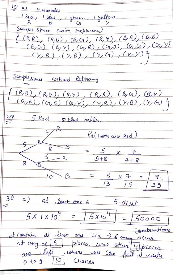 10 a) I Red, R 4 marbles I blue I green, yellow B У Sample space (with replacing) {(B, R), (8,0), CR, C2, CR,Y), (DR), (BB) (
