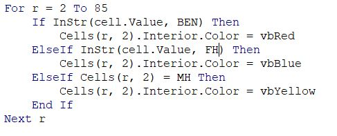 For r = 2 TO 85 If InStr (cell.Value, BEN) Then Cells(r, 2).Interior. Color = vbRed ElseIf InStr (cell.Value, FH) Then Cells