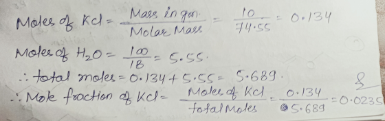 T4.cc - 00134 Molare Mass - Moles of Kel- a ha Mass ingon - to -00134 Moles of H₂O=10 -5.55. i total roles = 0.134 +5.55- 5•6