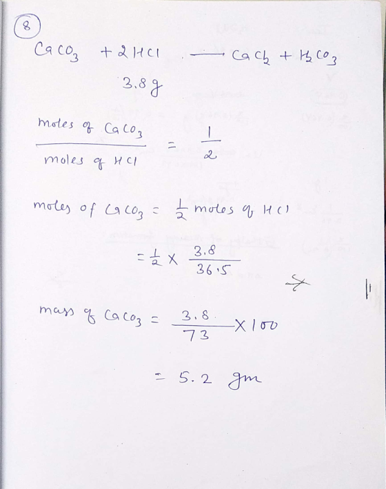 Ca cos Ca Ch Co 1HCI 2.8 motes Ca co3 moles H C motos H moles of Lac03 3.& =x 36 S mars CacC03 3.8 73 5.2 Jm