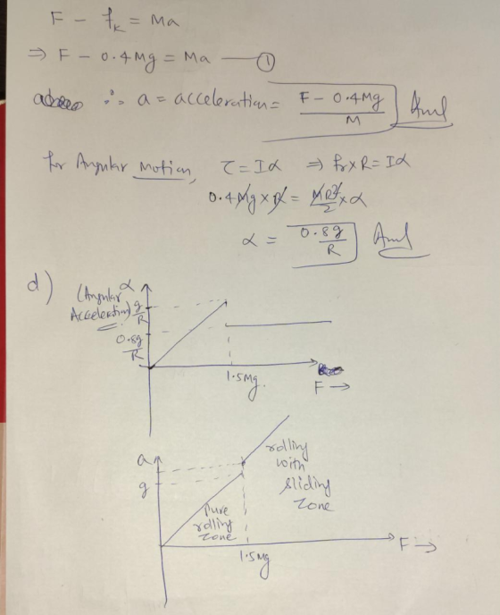 F - fx = ma > F-0.4mg = Mao adeo u. a= acceleration - F - 0.4mg M kul for Angular Motion T=It fox R = It 0.4 Mg xf = MR XL Hr