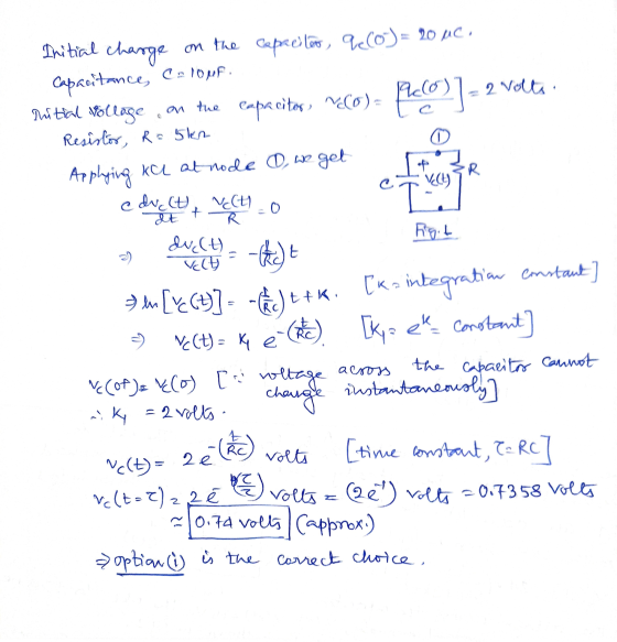 CT VCHER Initial charge on the capacitio, q(o)= 20 uc. Capacitances celouf. Putral Wollage, on the capacitas, n.80)= peca)= 2