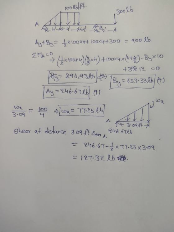 100 lb/ft. 130016 OV 444 Ch Bela Ay + By = 4x100x4+ 100x4 +300 = 900 lb +308 12 20 EMA = (x 100x 4)(3xH) 4 (0044 x(4+4)-Byx 1