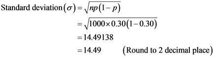 Standard deviation (o)= /np(1-p)
|1000x0.30(1-0.30)
14.49138
(Round to 2 decimal place)
14.49