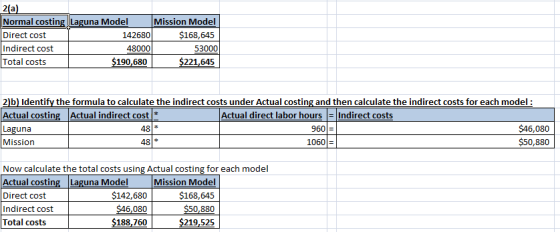 2(a) Normal costing Laguna Model Mission Model Direct cost 142680 $168,645 Indirect cost 48000 53000 Total costs $190,680 $22