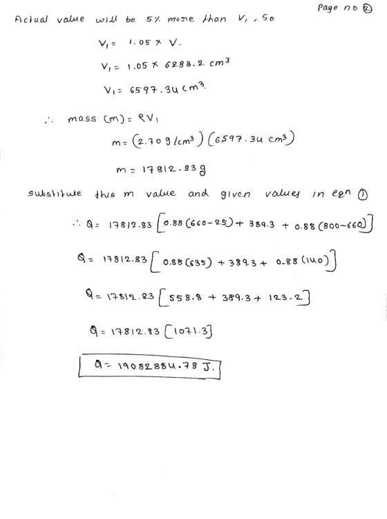 page no actual value will be 5% more than vi, so V = 1.05% V. Vi= 1.05 X 6288.2 cm3 Vi= 6597.34 cm3 .. mass (m)= evi m=(2.70
