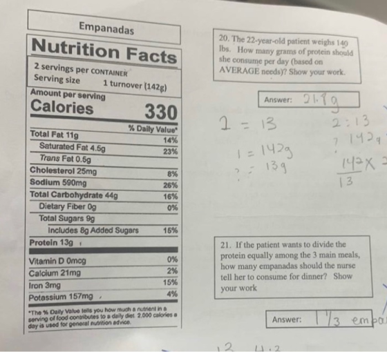 Empanadas Nutrition Facts 20. The 22-year-old patient weighs 140 Ibs. How many grams of protein should she consume per day (b