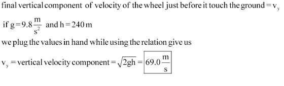 final vertical component of velocity of the wheel just before it touch the ground v if g-9.8and h 240 m e plug the values in hand while using the relation give us V, vertical velocity component y2gh-69.0 In
