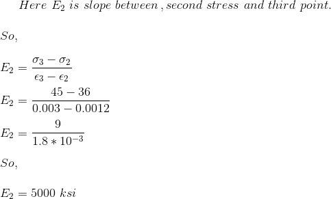Here\,\,E_2\,\,is\,\,slope \,\,between\,,second\,\,stress\,\,and\,\,third\,\,point. \\\\So,\\\\E_2=\frac{\sigma_3-\sigma_2}{\epsilon_3-\epsilon_2}\\\\E_2=\frac{45-36}{0.003-0.0012} \\\\ E_2=\frac{9}{1.8*10^{-3}}\\\\ So,\\\\ E_2=5000\,\,ksi