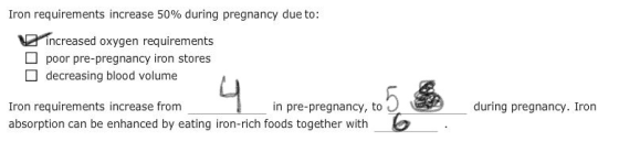 Iron requirements increase 50% during pregnancy due to: V increased oxygen requirements O poor pre-pregnancy iron stores o de