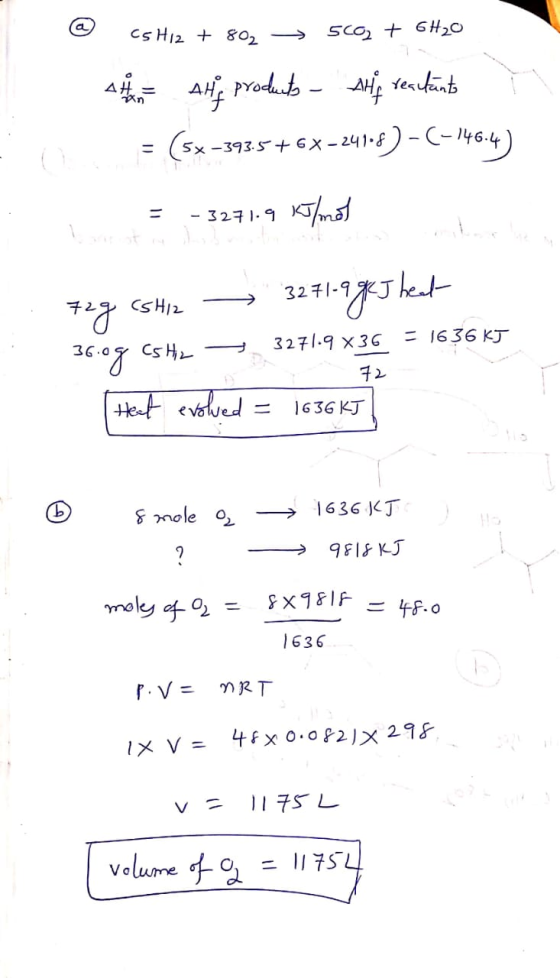 a C5H12 + 802 sca + 6H20 A - AHg products - Alf reactants = (5x+3935+6x-241.5) -(-146.4) = - 3271.9 kJ/mot 72g CsHiz 3271-9 9