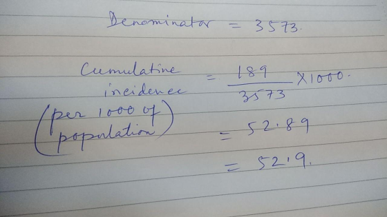 Denominator = 3573. Cumulatine - 189 incidence iber 1000 of (population - 71000. 33 tsa 52.89 = 52.9.