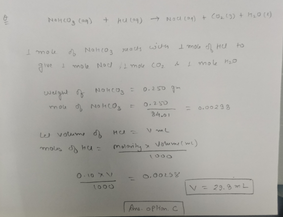 NaHCO₃(aq) + Hulaq) → Nou (aq) + CO2(g) + H₂O (1) I mole give of NaHCO3 reacts with Imole of He to & mole nad more co2 a t mo