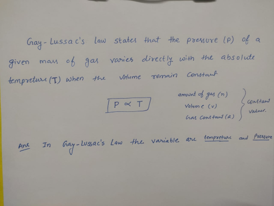 Gay-Lussacs law states that the pressure (P) of a given mass of gas varies directly with the absolute temp reture (I) when t