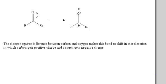 :O 0 The electronegative di fference between carbon and oxygen makes this bond to shift in that direction in which carbon get