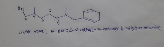 + 2 3 IUPAC rame!, N-Benzyl-N-methyl-5-hydrowy-h methylpentanamide