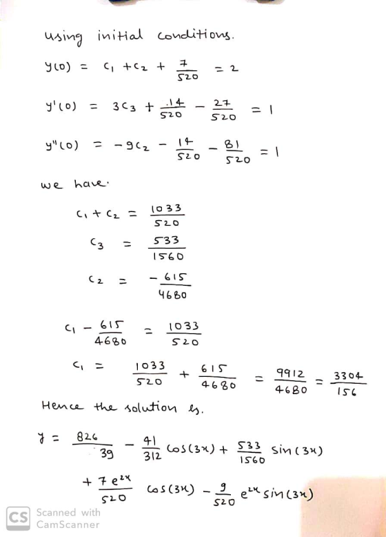 using initial conditions. yo) - C +2 + 7 520 - 2 y(o) 3C3 + = 27 - .14 520 = 1 S20 y (0) -962 14 11 BI S20 520 we hare. 103