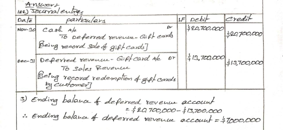 1$20,700,000 $20700,000 Answer: 182) Journal entries Date particulars ILF Debit Teredit Nov-sd cash ale To Deferred reveure-G