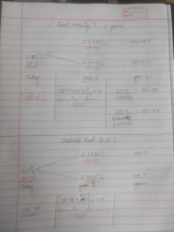 Bond Matung in 2 year 8.59307 TOO + 4.4 2.85% 108.18 100+ 4.4 2.9417% T02 Today year I 1100.78+101.424.4 = 100-78 1 108.18 10