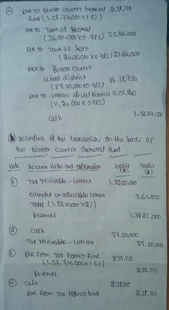 4 Due to Benton Country General 9,38,110 fund (1,58,74,000x 1.5%) Due to Town of thomas (36,001000X0.985) 35,46.000 Due to To