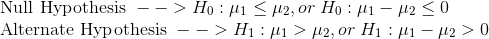 \\\text{Null Hypothesis }--> H_0: \mu_1 \le \mu_2, or \; H_0: \mu_1 - \mu_2 \le 0 \\\text{Alternate Hypothesis }--> H_1: \mu_1 > \mu_2, or \; H_1: \mu_1 - \mu_2 > 0
