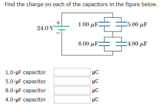 Find the charge on each of the capacitors in the figure below 1.00 μ.F 24.0 V 8.00 μF 4.00 μF 1.0μF capacitor 5.0-μF capacitor 8.0-μF capacitor 4.0μF capacitor με