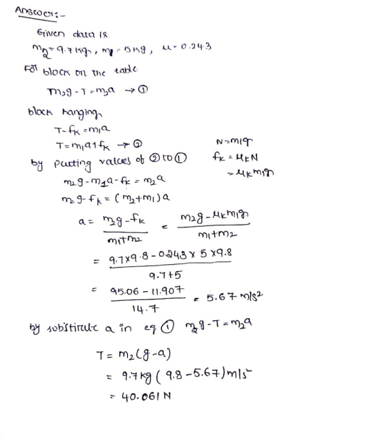 Anscoot; - Given data 18 ma=9.71197, mp=119, U-0.943 For block on the table 7,9-Tma 0 block hanging TFK = mia T= m, at fx TO